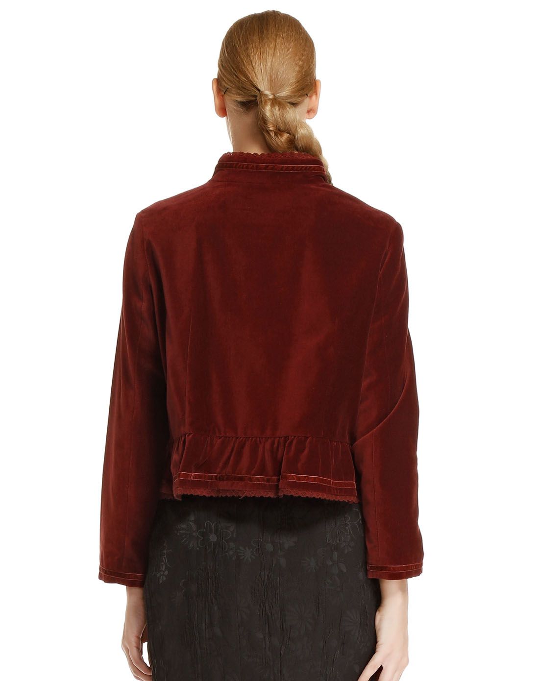 棕红色复古绣花长袖外套