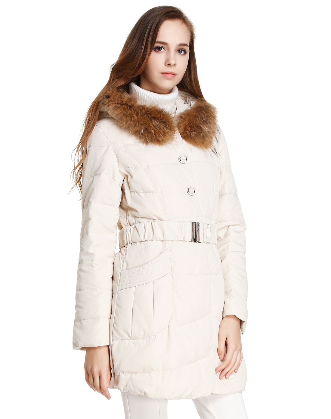 flying羽绒女款米白色时尚淑女连帽长袖羽绒服x1301142-130227_唯品会