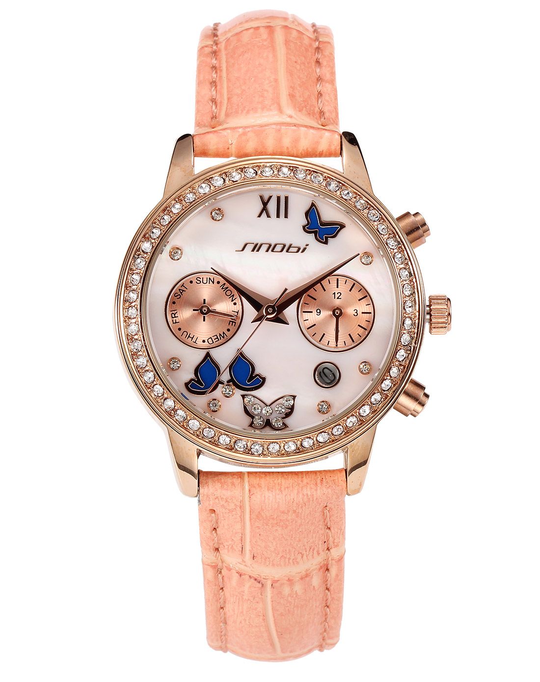 时尚潮流蝴蝶镶钻双眼多功能日历防水女表