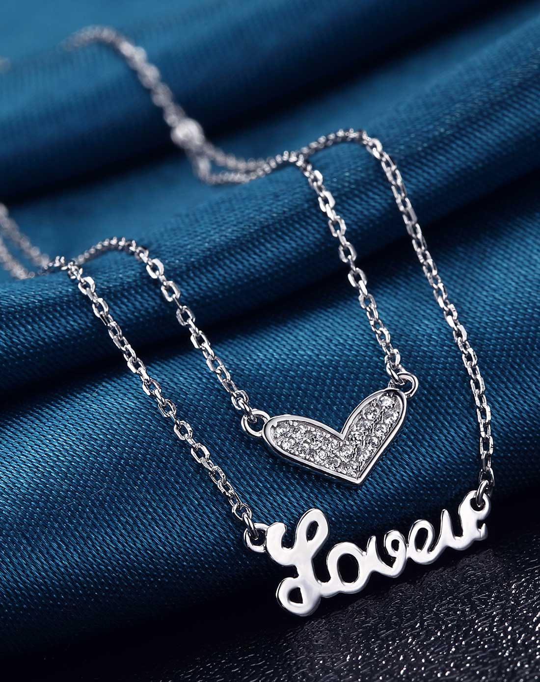 摩登系列时尚s925银双层桃心锆石love项链"