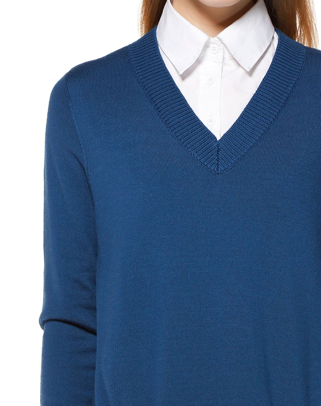 深湖蓝色v领成熟长袖羊毛连衣裙