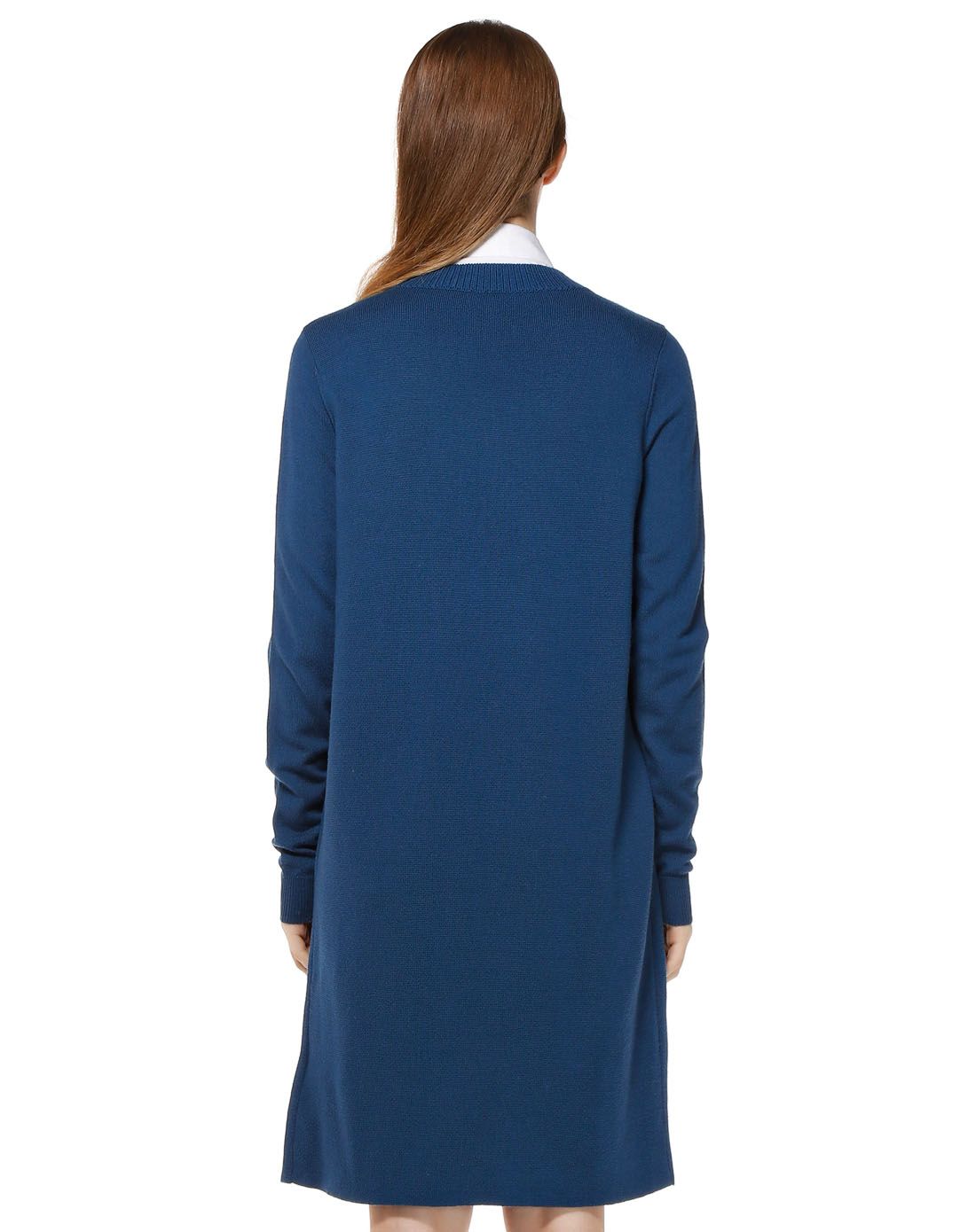 深湖蓝色v领成熟长袖羊毛连衣裙