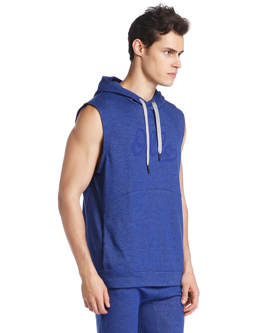 宽松顺滑 男款靛蓝麻灰色无袖连帽衫