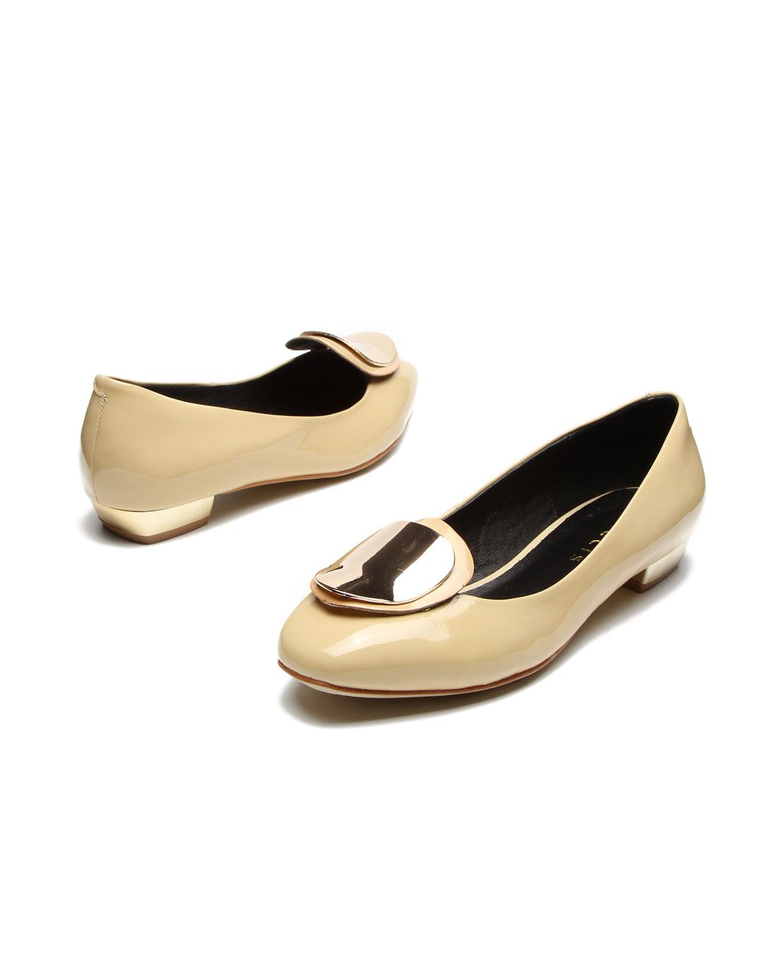 头层杏色牛漆皮方圆头流行/时装浅口单鞋