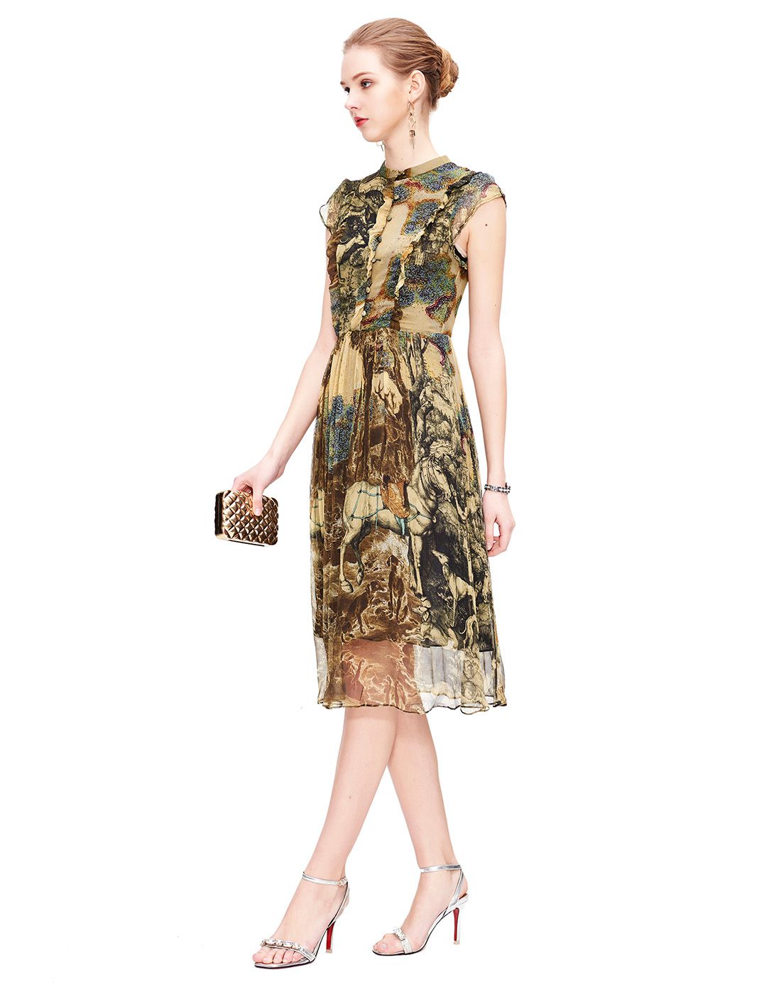 黄褐色都市丽人下摆透视设计真丝连衣裙