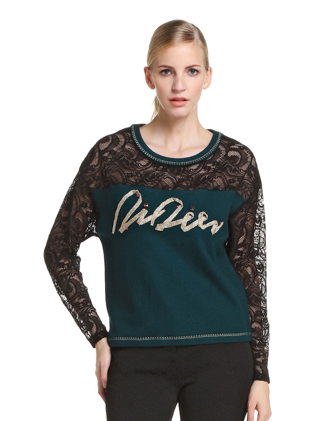 didier parakian绿/黑色蕾丝亮片长袖上衣152si20001_唯品会