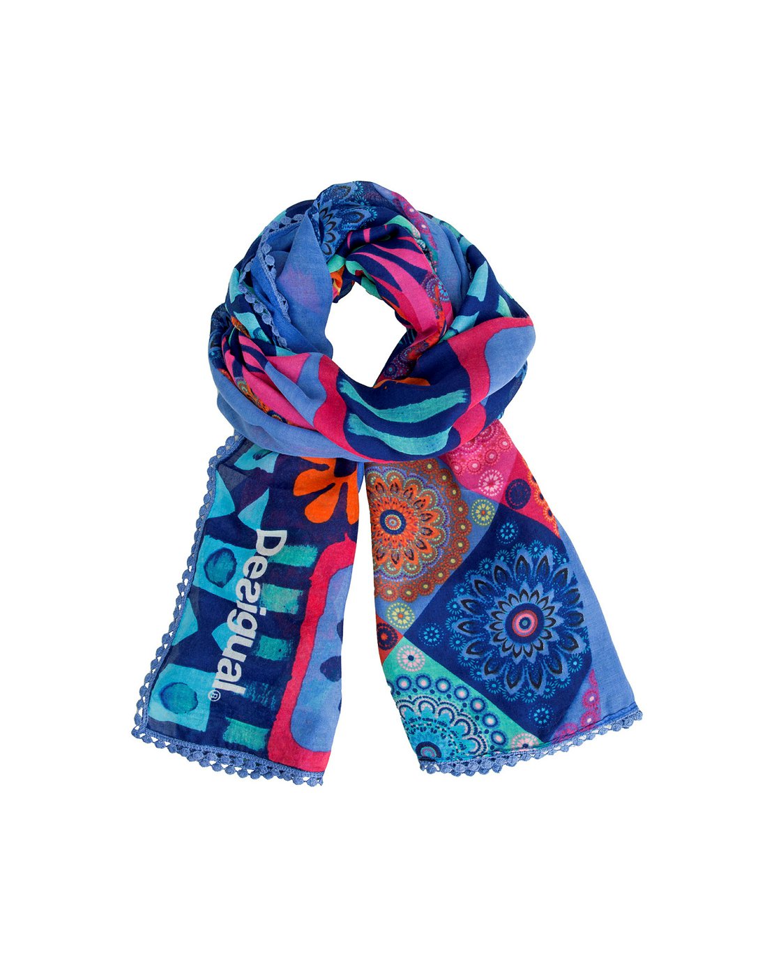 desigual女款宝蓝色孔雀花图腾印花装饰围巾