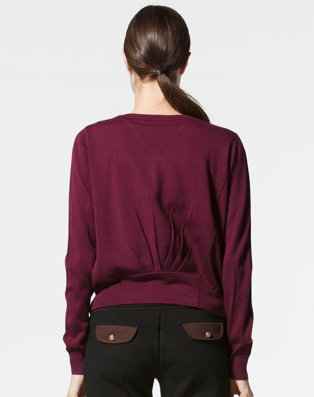 超细美丽诺羊毛紫酱红色圆领镶珠打底衫