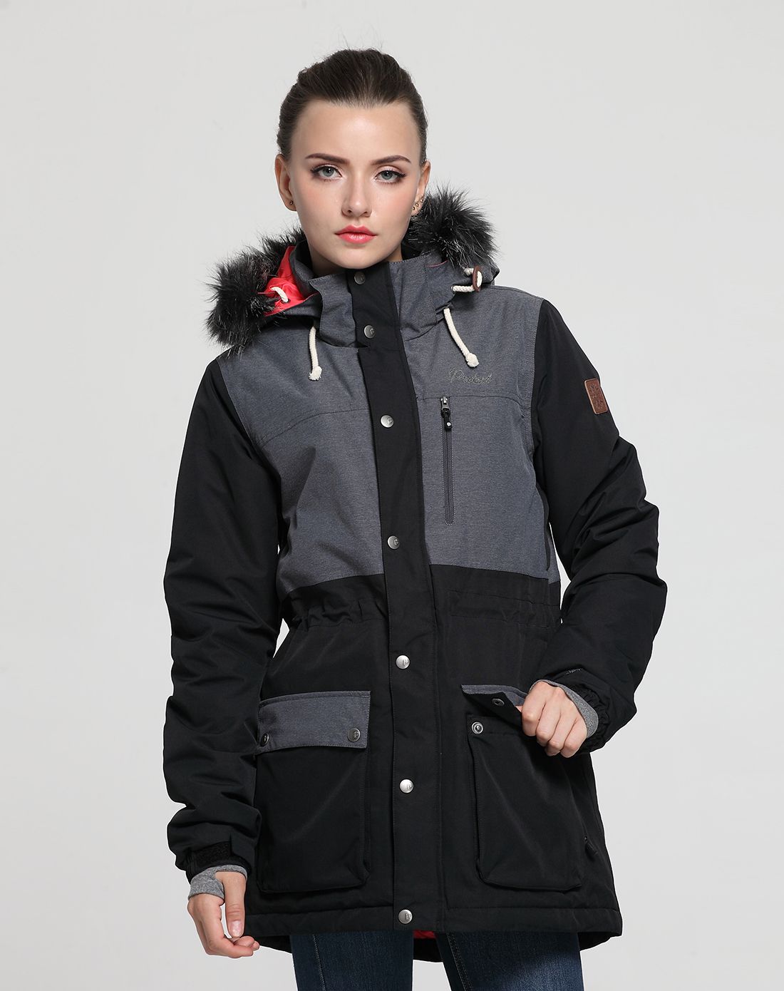 女款连帽长袖10k雪服登山服 防风保暖透气黑色