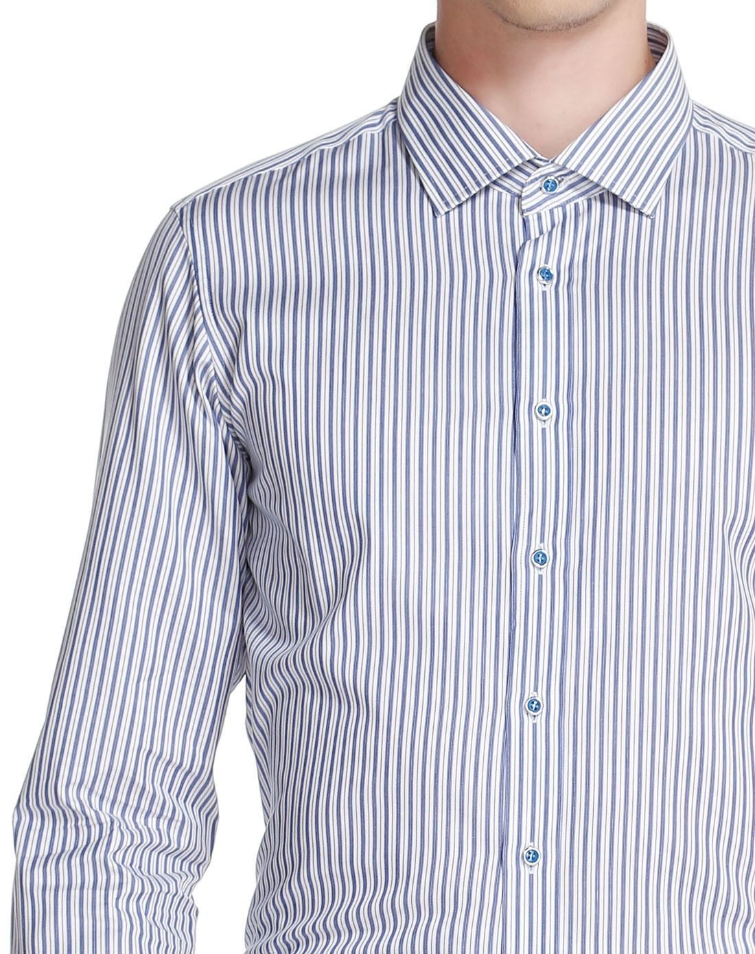 蓝/白色休闲条纹长袖衬衫