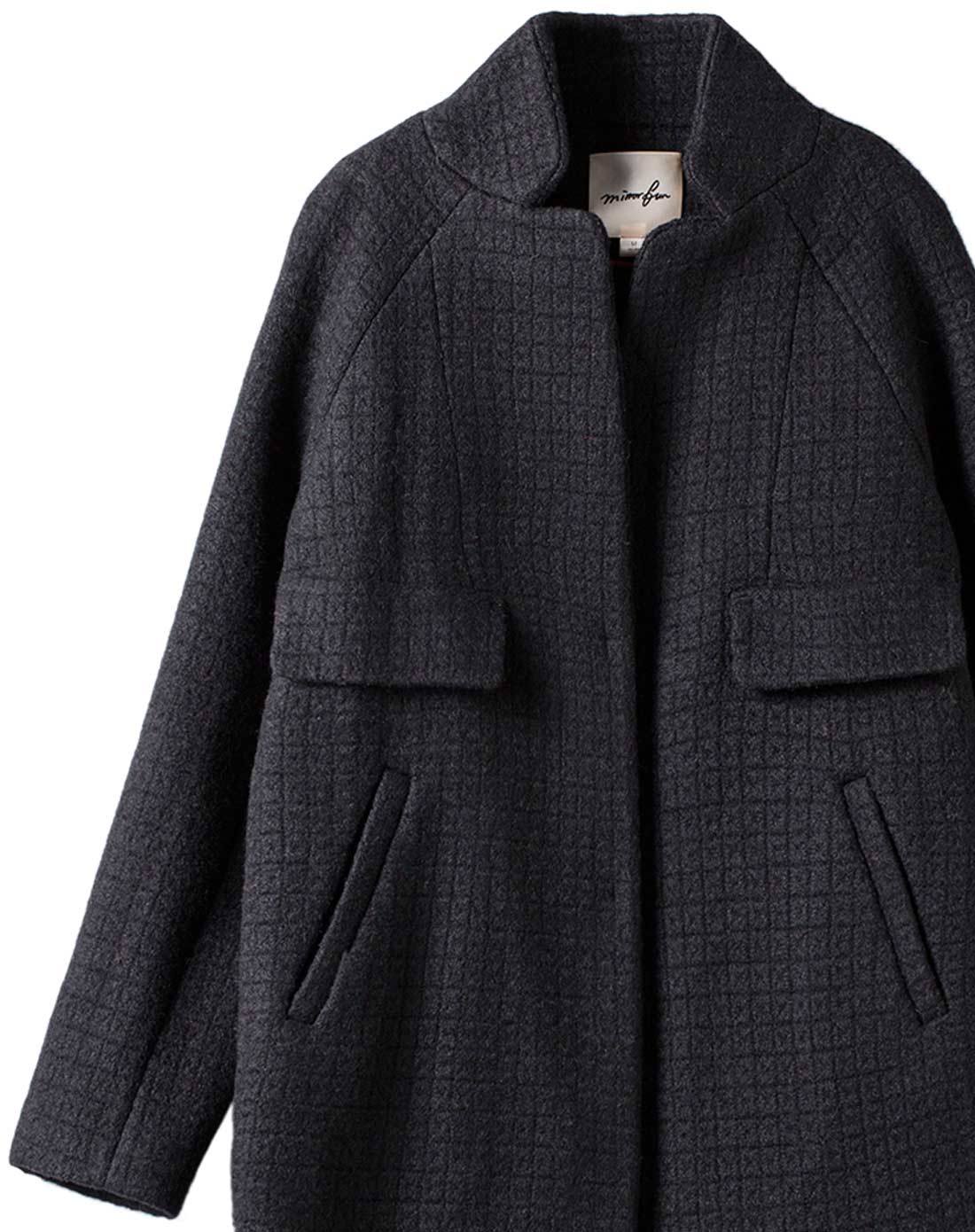 黑色立领插肩袖系暗扣茧型粗花呢羊毛大衣