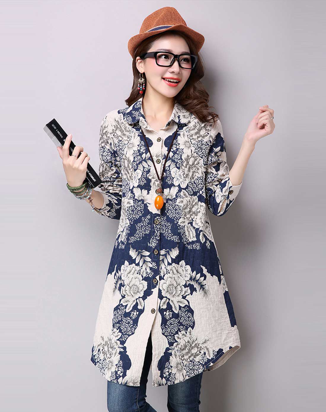 丝柏舍女装移动端专场女蓝色花单排扣百搭衬衣s62a0092a603_唯品会