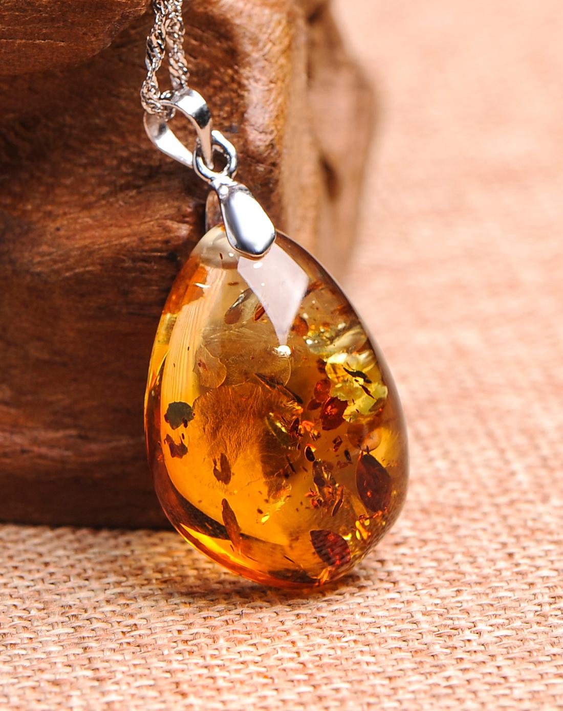 天然琥珀花珀 水滴随形吊坠含银链附证书
