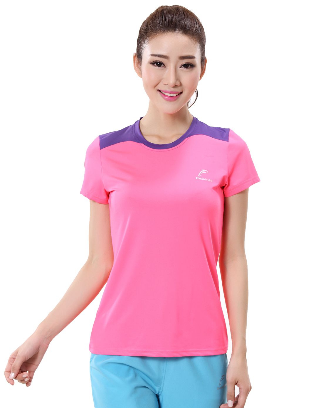 女款荧光红户外圆领运动t恤健身跑步短袖