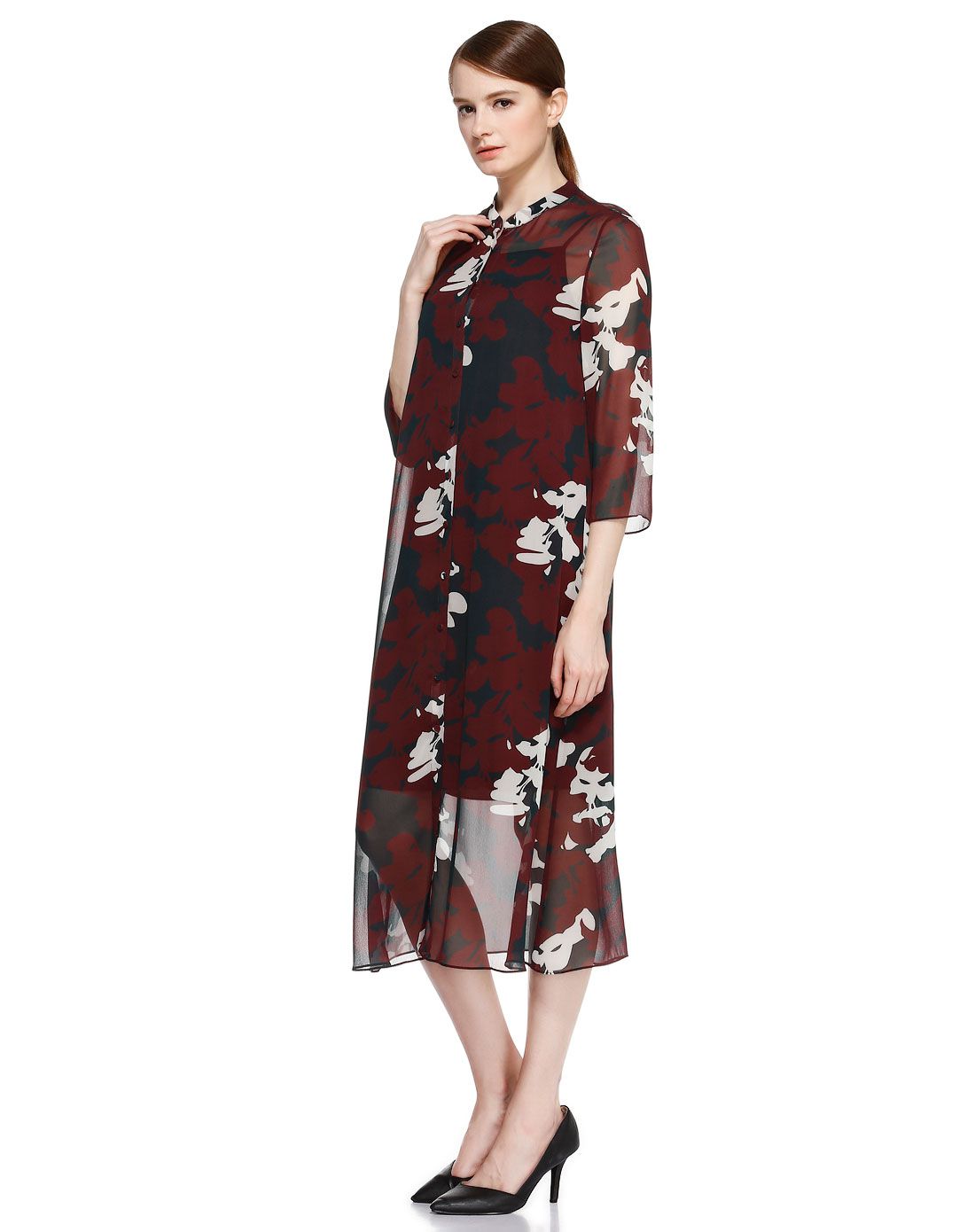 酒红/墨绿色独特个性长款雪纺衬衫