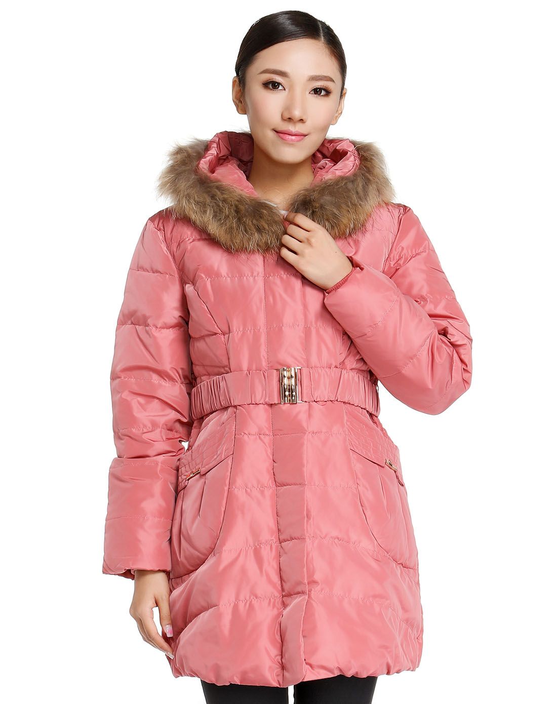 女款暗粉红色修身气质长款长袖羽绒服