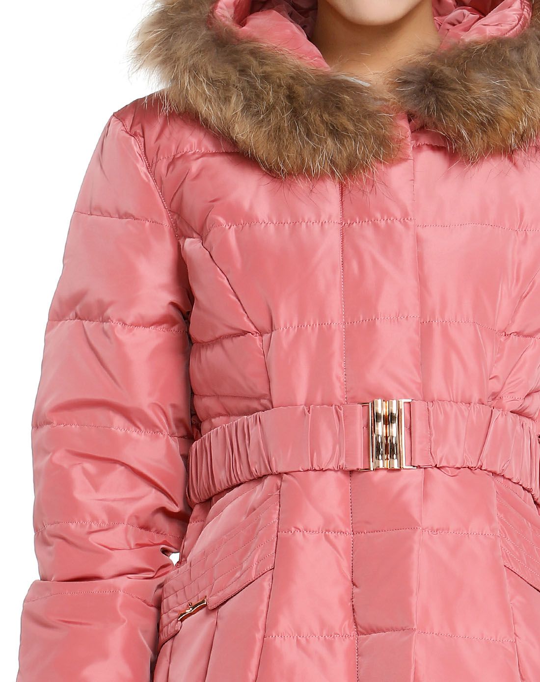 女款暗粉红色修身气质长款长袖羽绒服