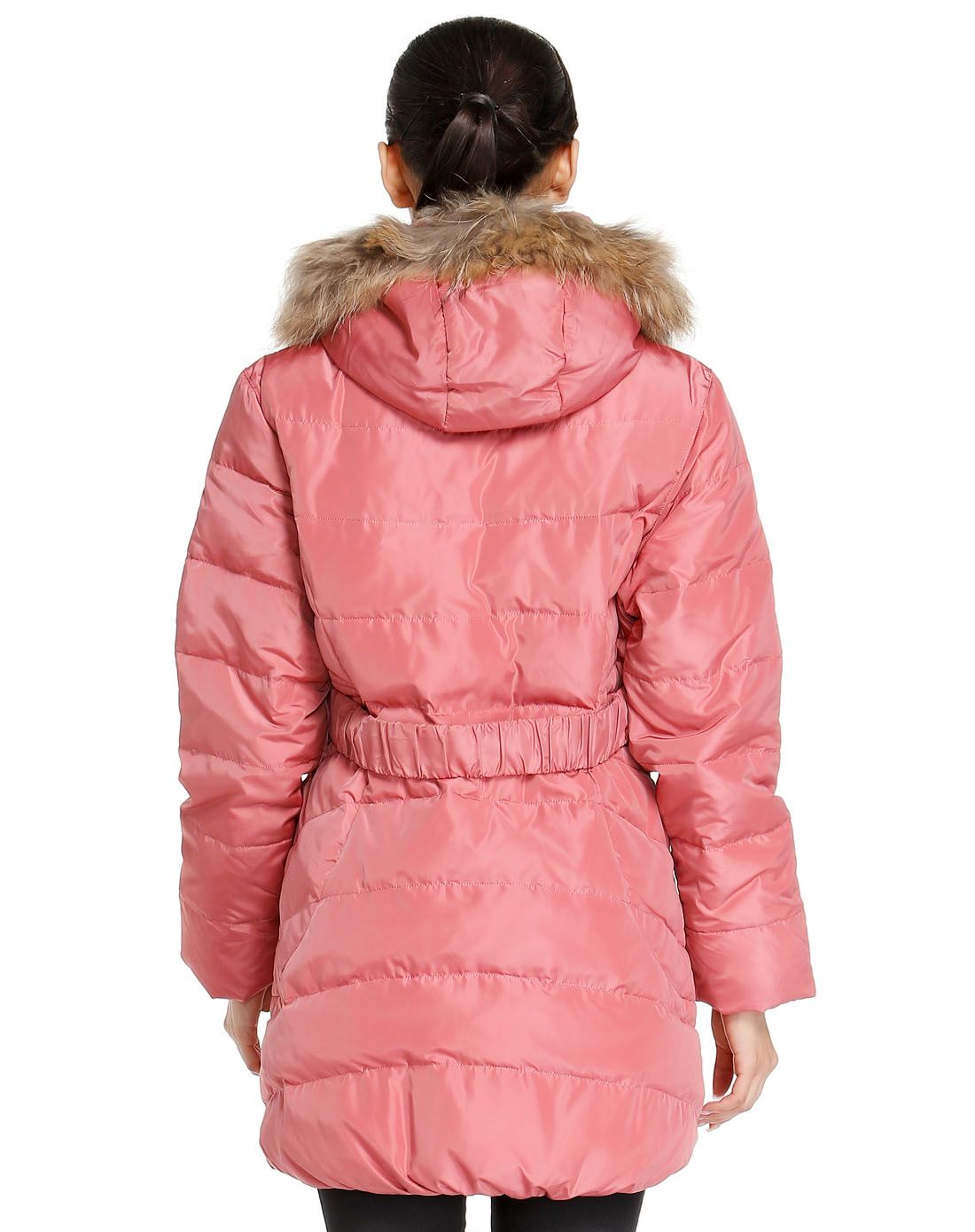 女款暗粉红色修身气质长款长袖羽绒服