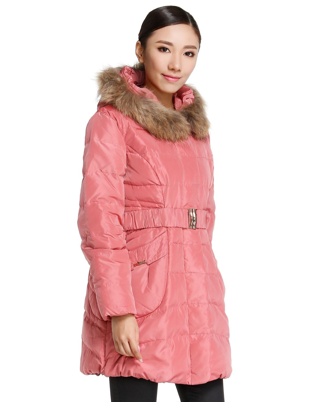 女款暗粉红色修身气质长款长袖羽绒服