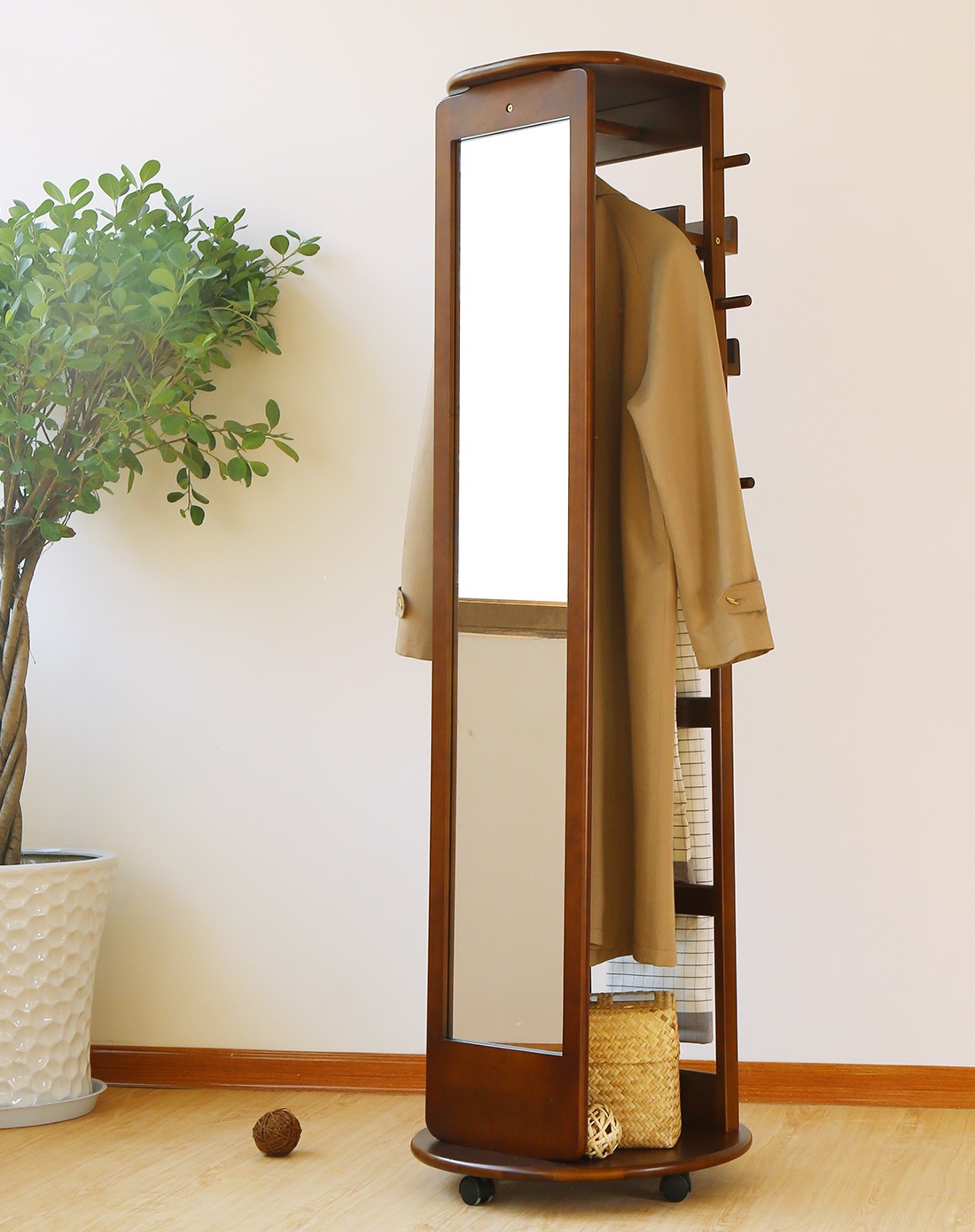 实木大容量收纳旋转移动穿衣镜