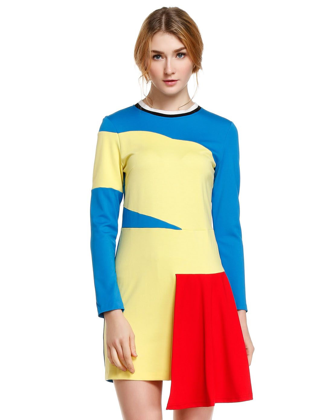 黄/蓝色个性拼接长袖连衣裙