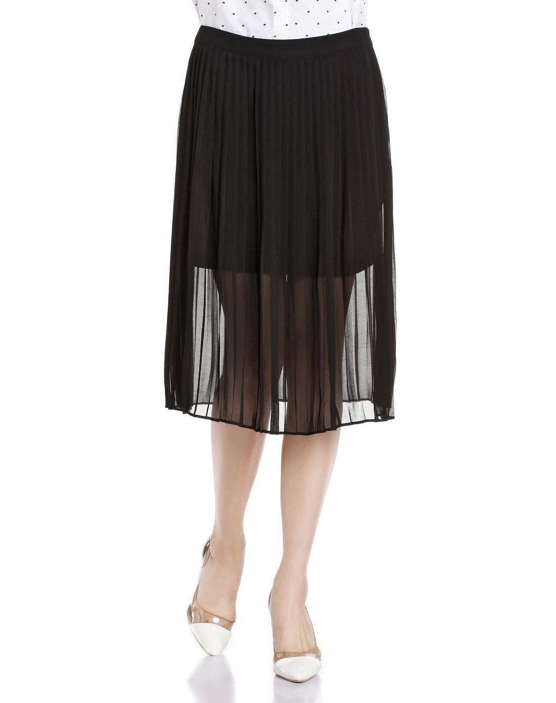 黑色百褶半透视裙子