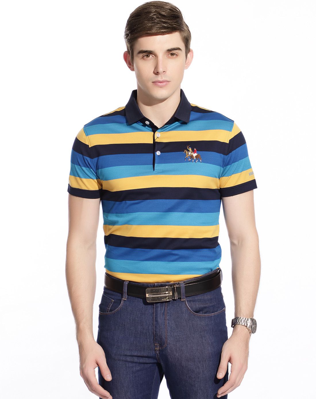 凯迪东尼cardydony男款蓝条时尚双丝光棉短袖t恤hx1680d806_唯品会