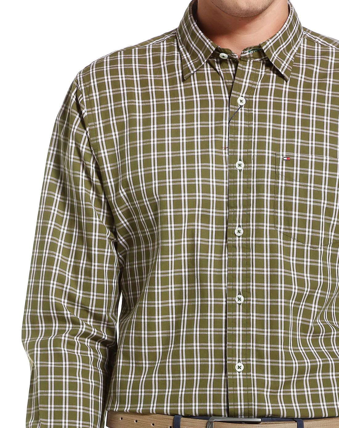 橄榄绿/白色都市简约长袖衬衫