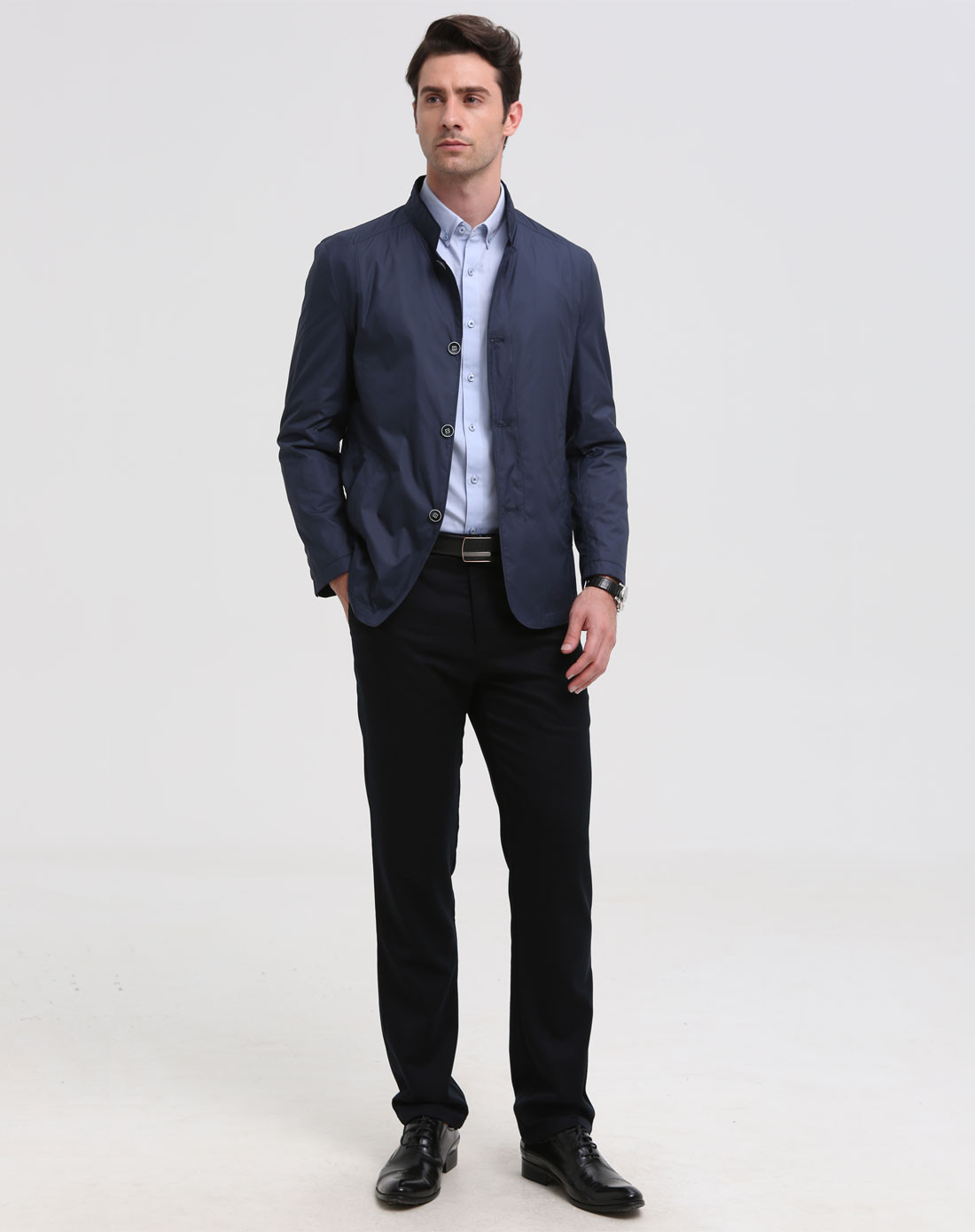 费雷迪吉奥瓦尼freddi giouanni男装特卖旗舰店藏青系扣立领圆下摆商