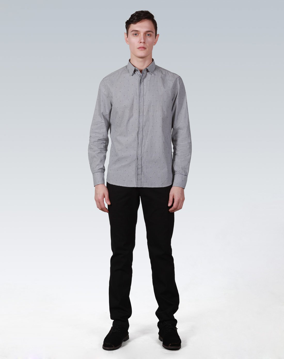 格子色织纹灰色长袖衬衫