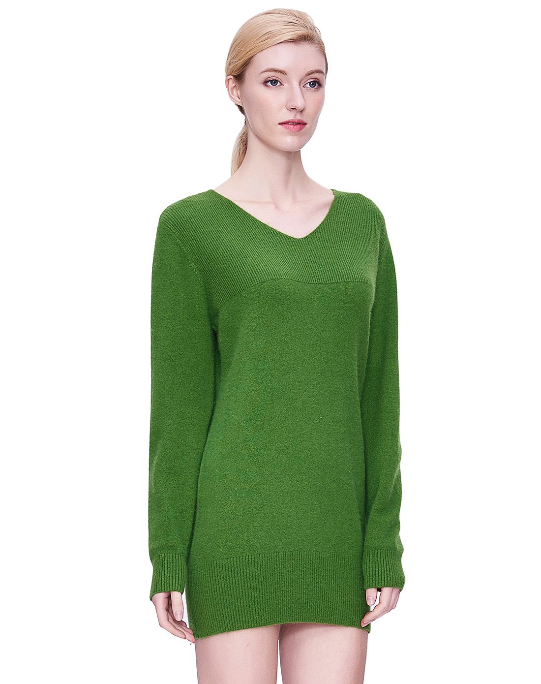 绿色提花v领中长款毛衣