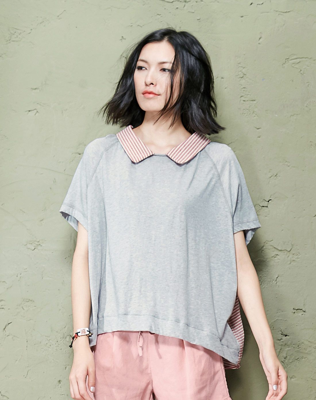 森宿sams tree女装专场 阴晴 文艺素色条纹拼接圆角衬衫