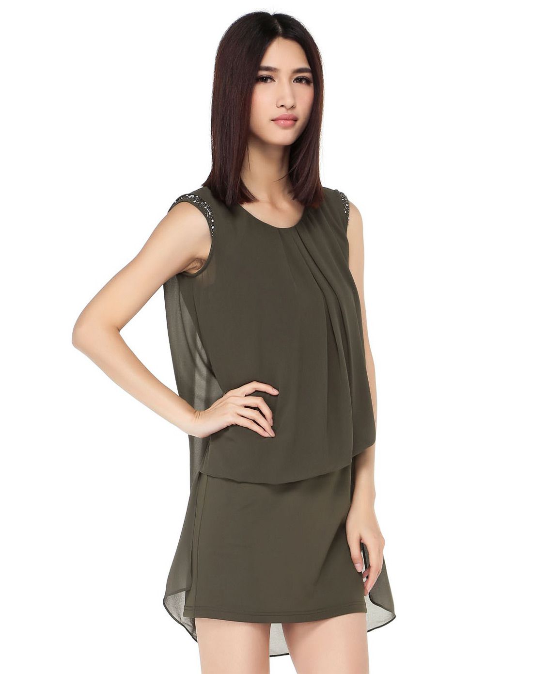 杰西jessie女装特卖旗舰店深灰绿色优雅都市层次无袖连衣裙jusdl503g2