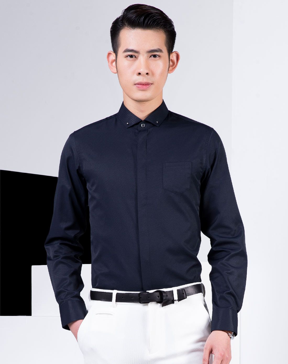 轻奢男士休闲百搭藏青色长袖衬衫