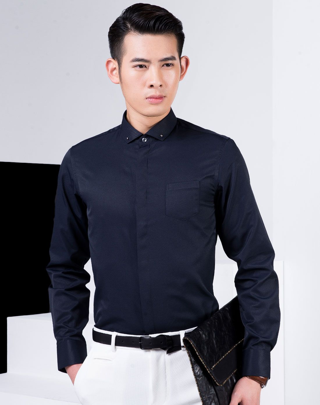 轻奢男士休闲百搭藏青色长袖衬衫
