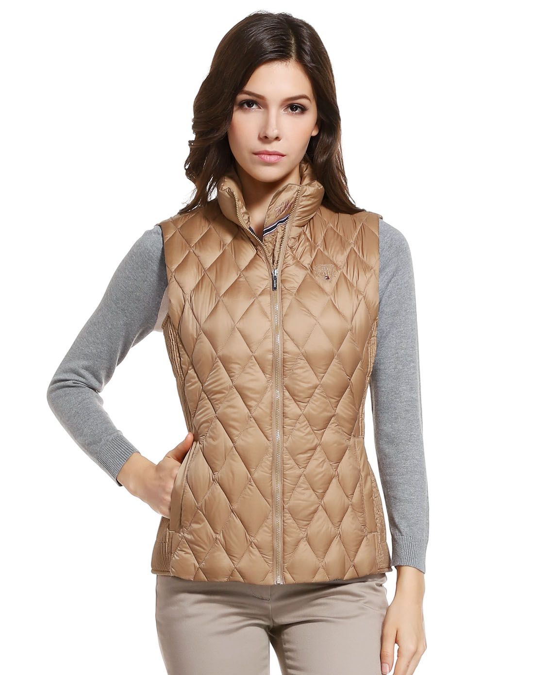 卡其色菱格纹立领羽绒背心