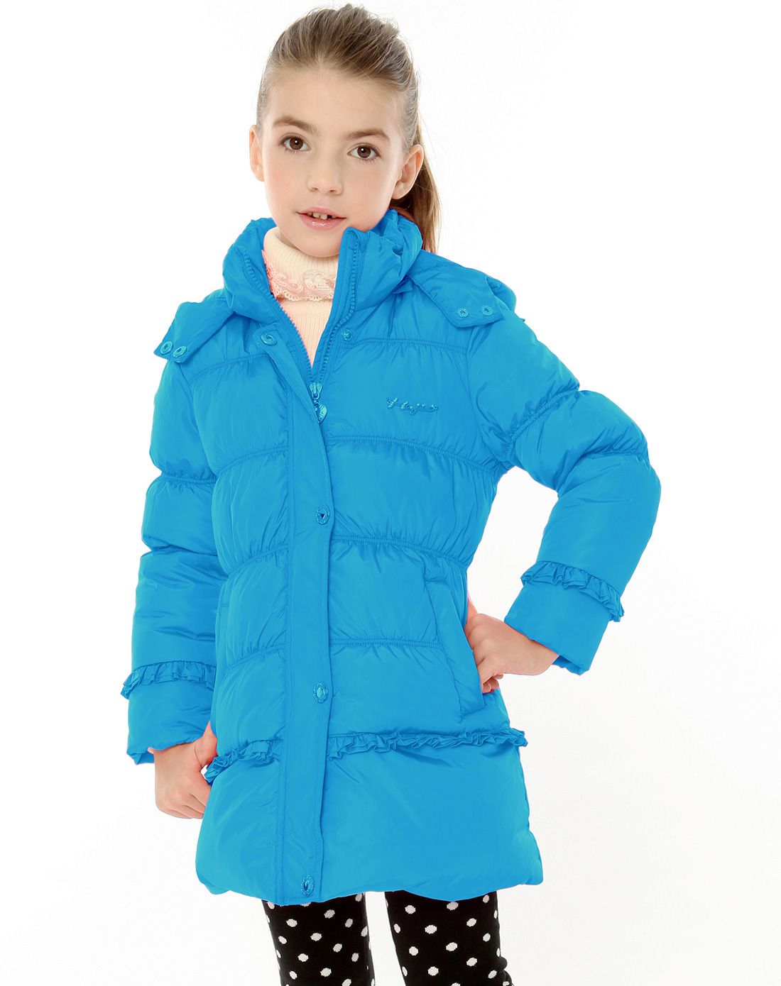 女童蓝色中长款羽绒服