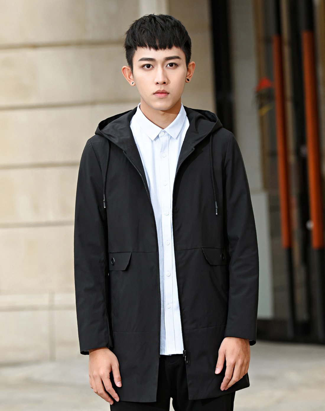 egou风衣夹克男士中长款春季新款韩版修身青年学生休闲连帽外套男