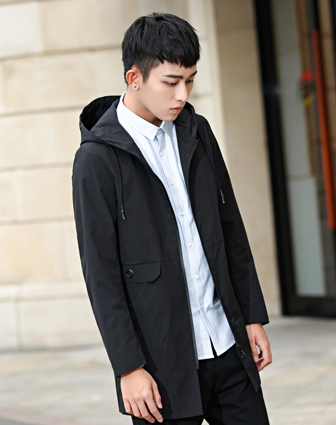 egou风衣夹克男士中长款春季新款韩版修身青年学生休闲连帽外套男