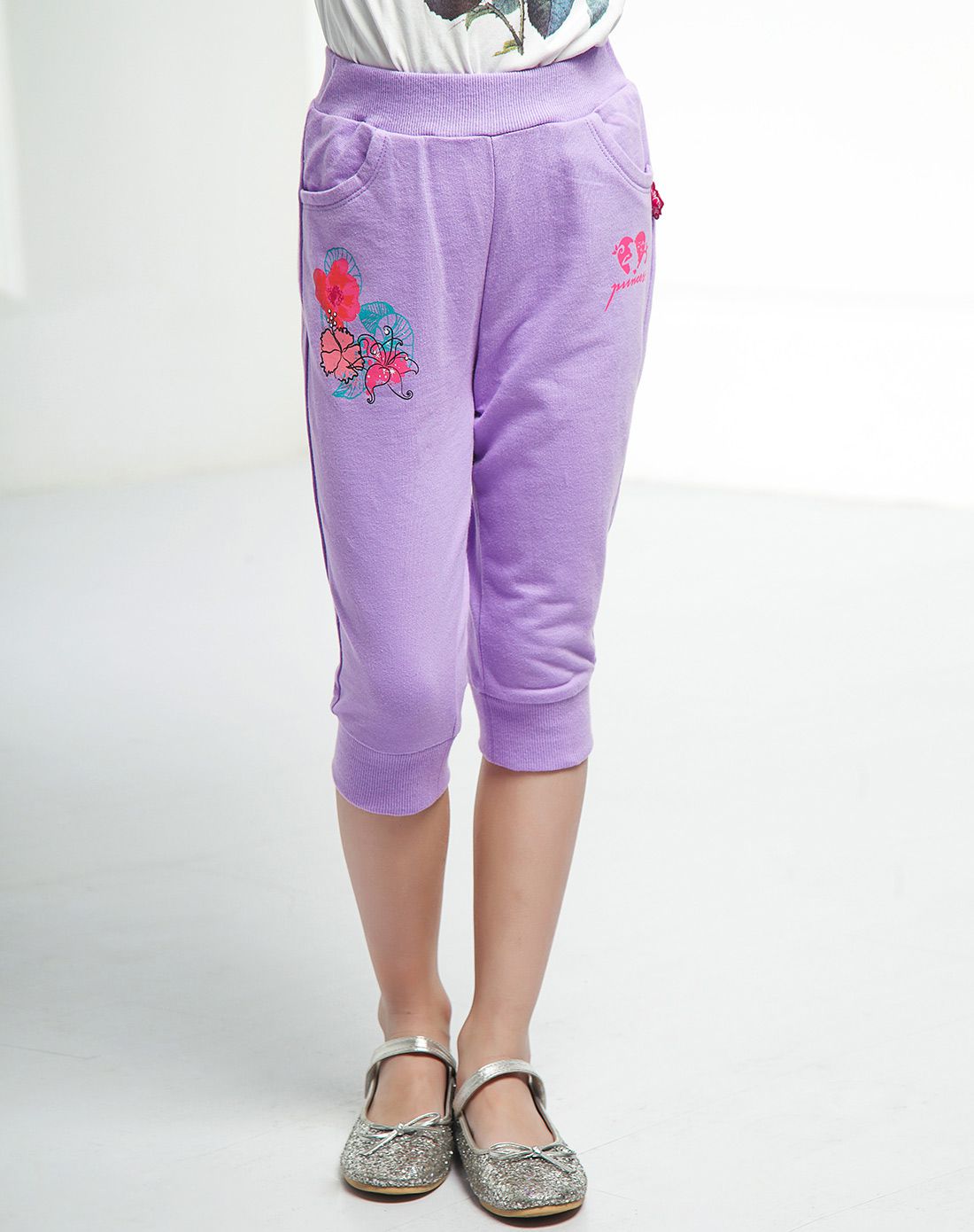 女童粉紫色七分裤