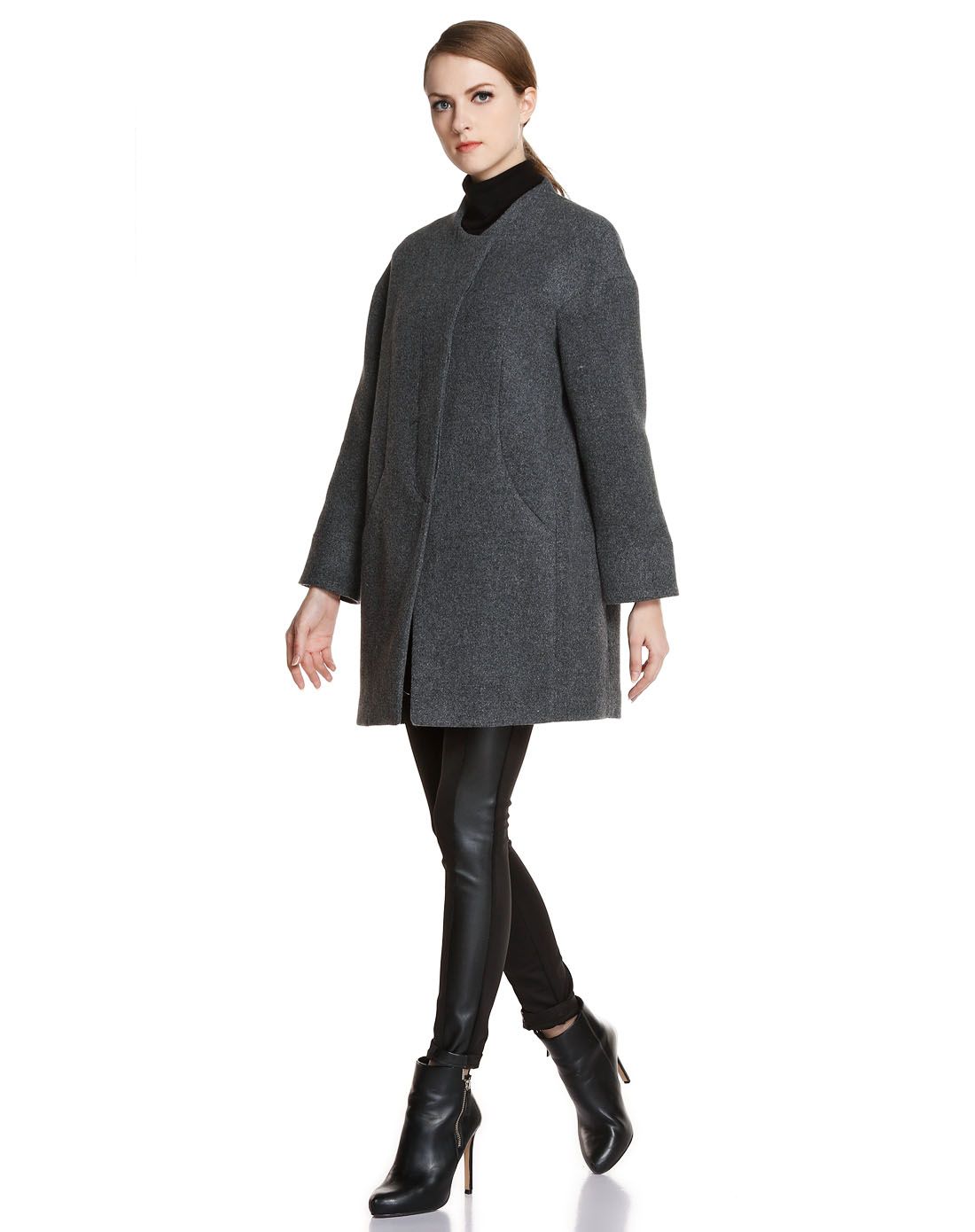 深灰色简约气质长袖中长款大衣