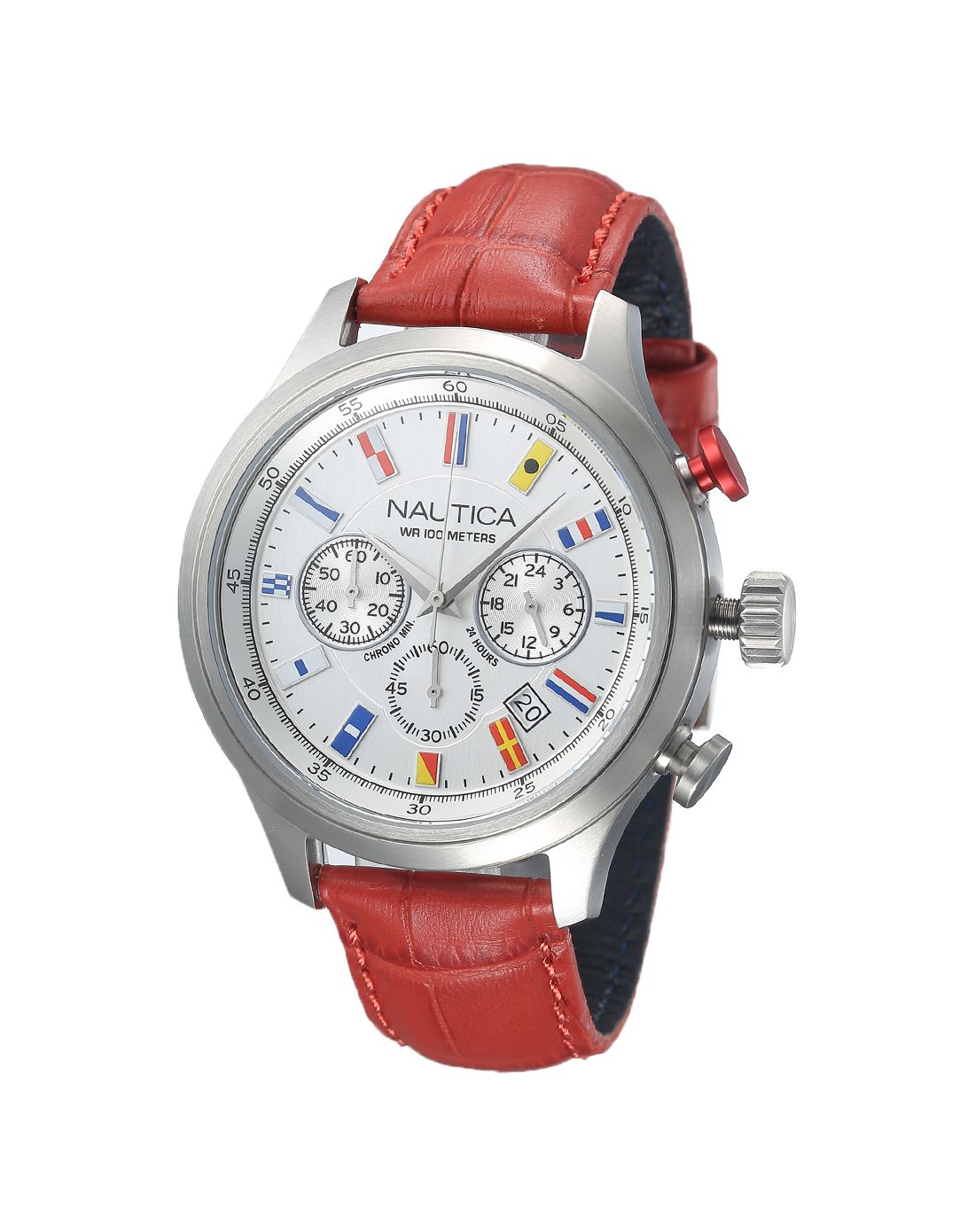 nautica手表专场 诺帝卡nautica男款酒红色小牛皮表带白盘计时手表(配