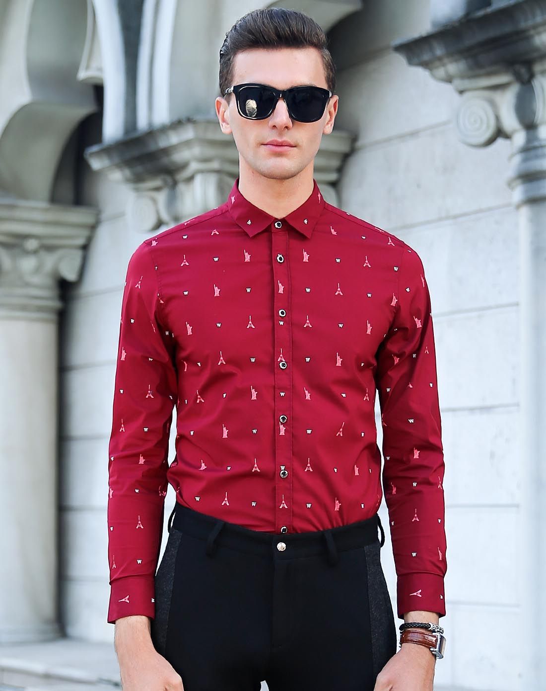 莫畏轻奢男士酒红色英仕休闲长袖衬衫