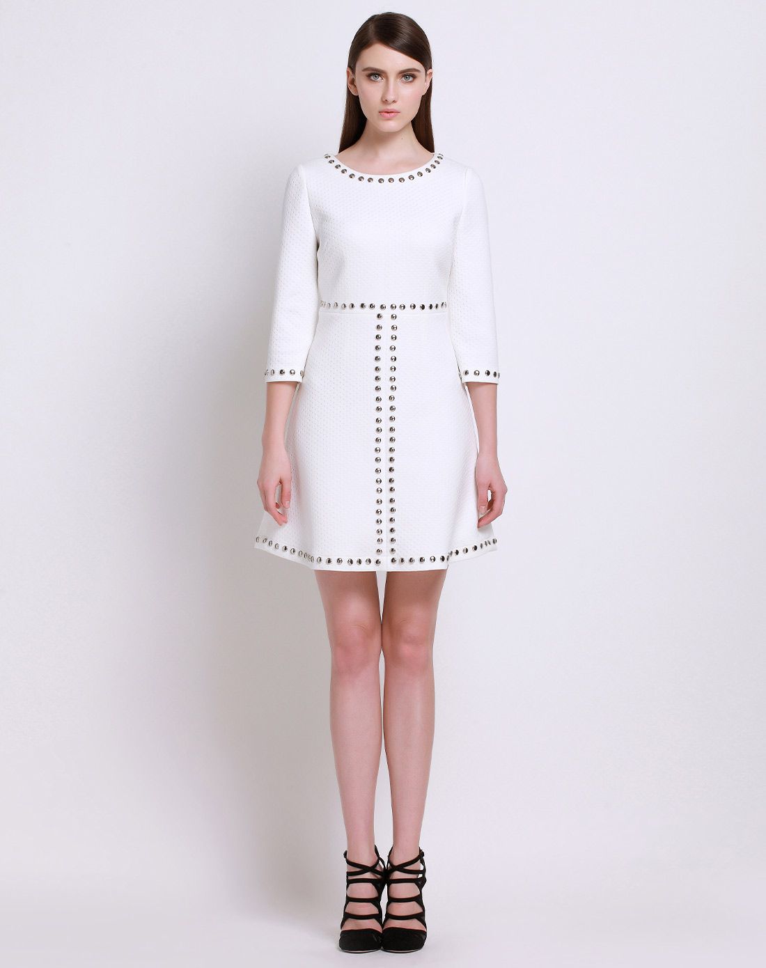 卡雷尔cerel vogue白色气质高贵装饰扣八分袖连衣裙2f259141805681