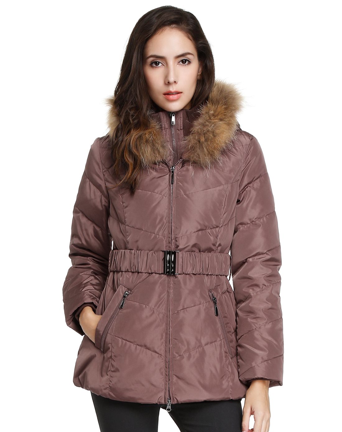 女款豆沙色百搭休闲连帽长袖羽绒服