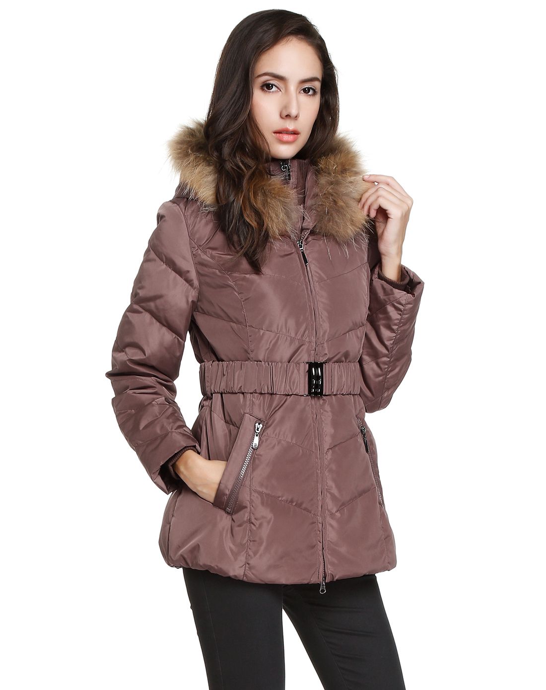 女款豆沙色百搭休闲连帽长袖羽绒服