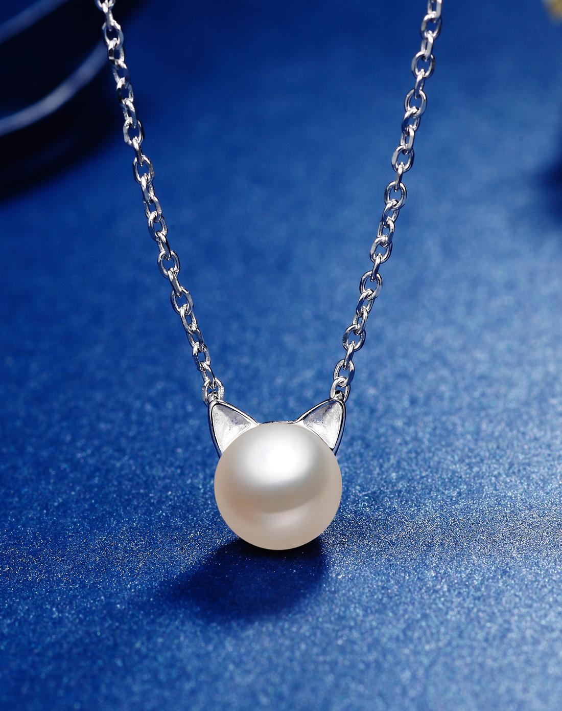 s925银镶天然珍珠项链猫咪byx077附质检证书)