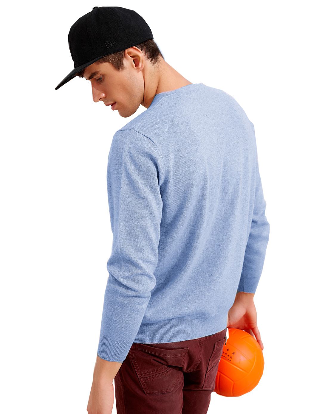 浅青蓝色纯山羊绒百搭v领男套衫