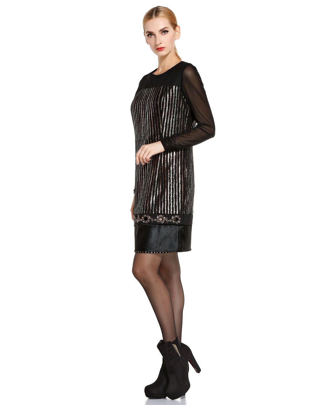 黑/银色时尚修身无袖皮连衣裙