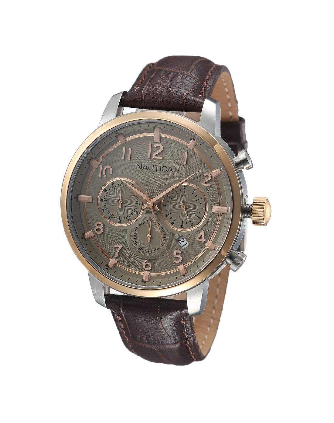 nautica手表专场 诺帝卡nautica男款棕色小牛皮表带褐色盘三眼计时